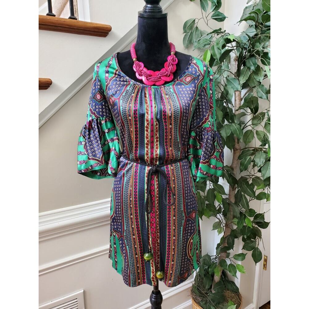 Single Dress Multicolor 100% Silk Long Sleeve Cord Waist Tie Knee Length Dress S